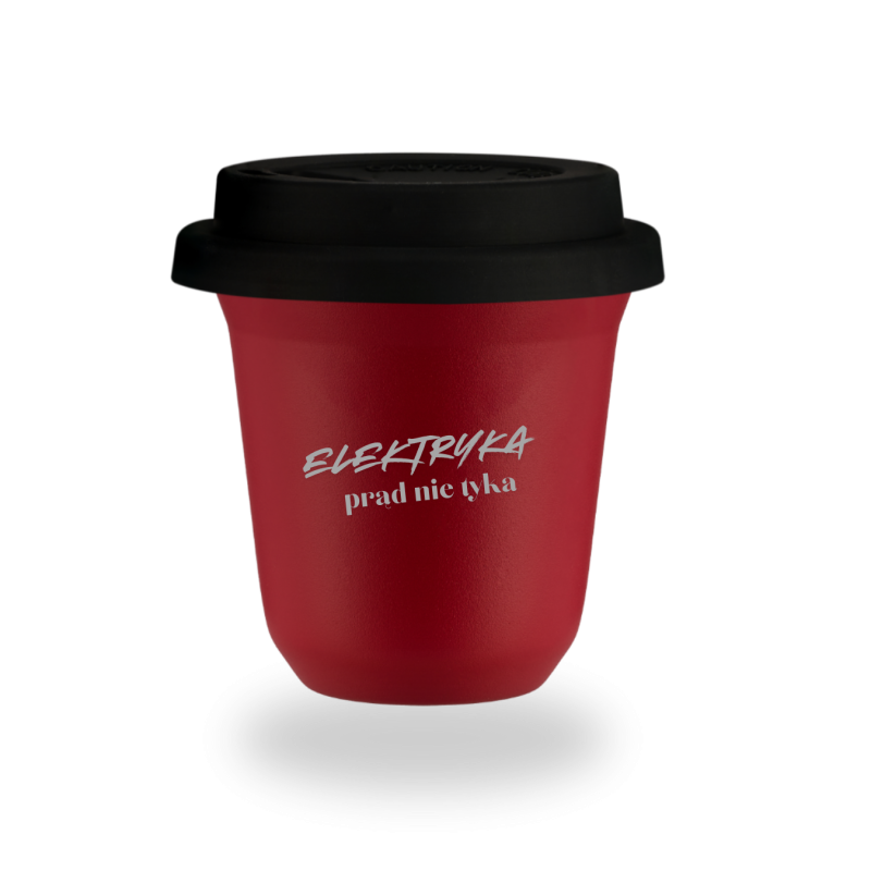 Kubek 240 ml CZERWONY "Elektryka prąd nie tyka", z pokrywką czarną